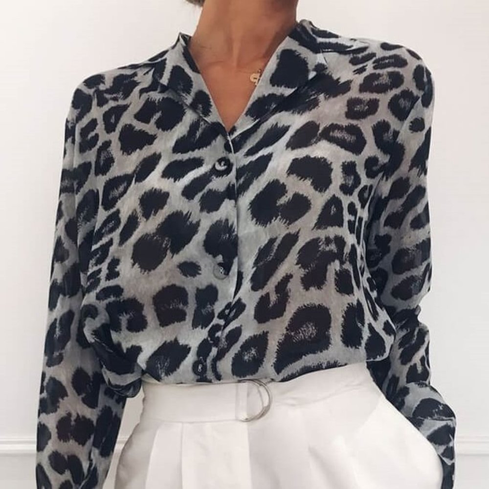 NEW Black Leopard Print Chiffon Shirt (M)